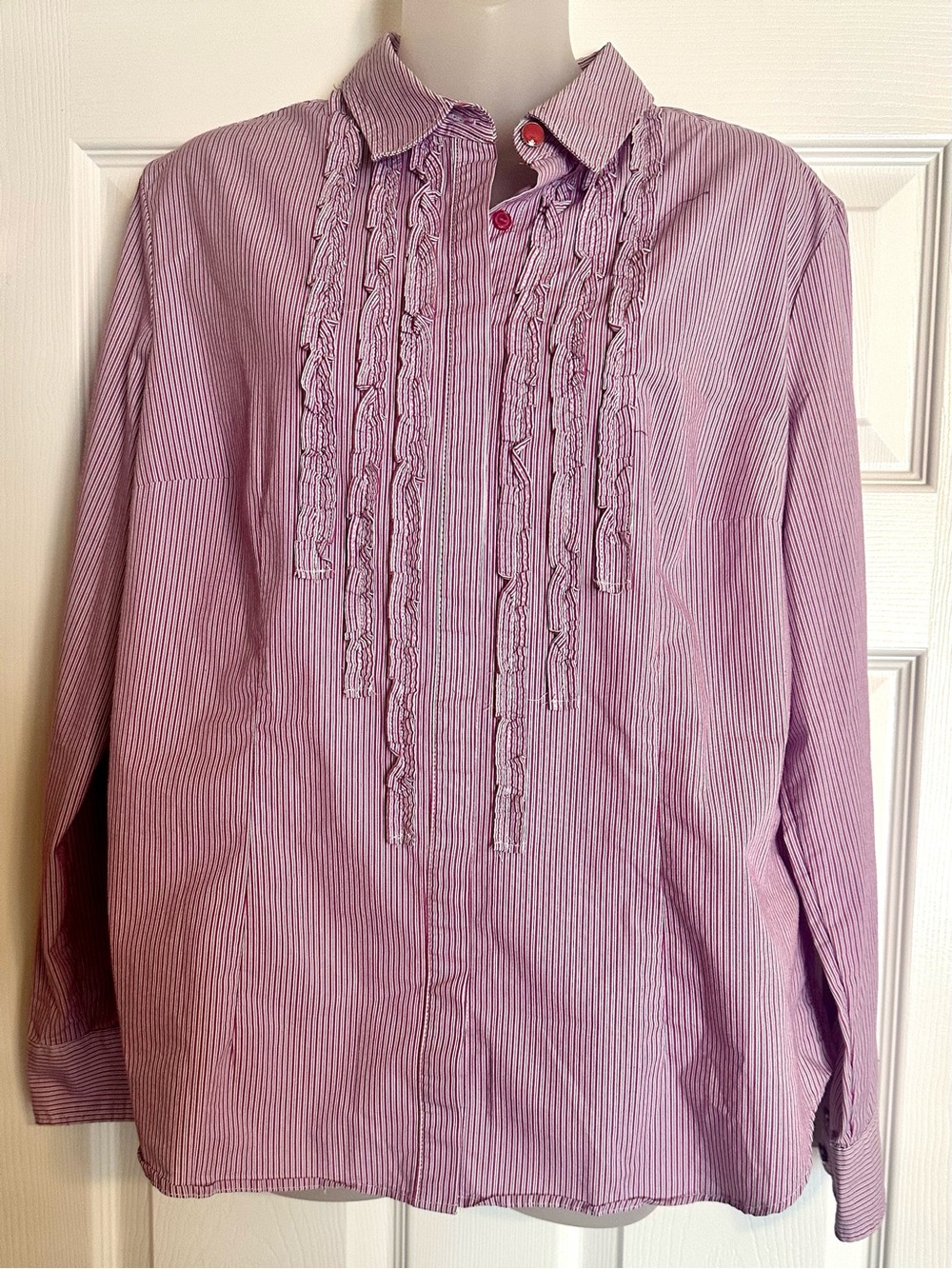 New York & Company Pink Striped Ruffle Front Button-Down Shirt